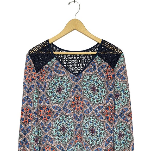 Daniel Rainn DR2 Crochet Tunic Top Womens Size L Blue High Low Pleated Blouse - Picture 2 of 13